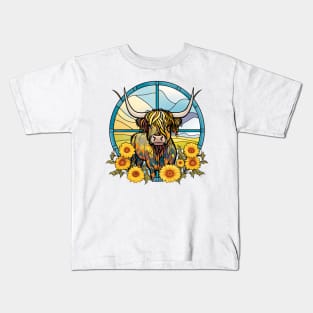 Sunflower Stained Glass Highland Cow #6 Kids T-Shirt